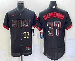 Mens Cincinnati Reds #37 Tyler Stephenson Number Black 2023 City Connect Flex Base Stitched Jerseys